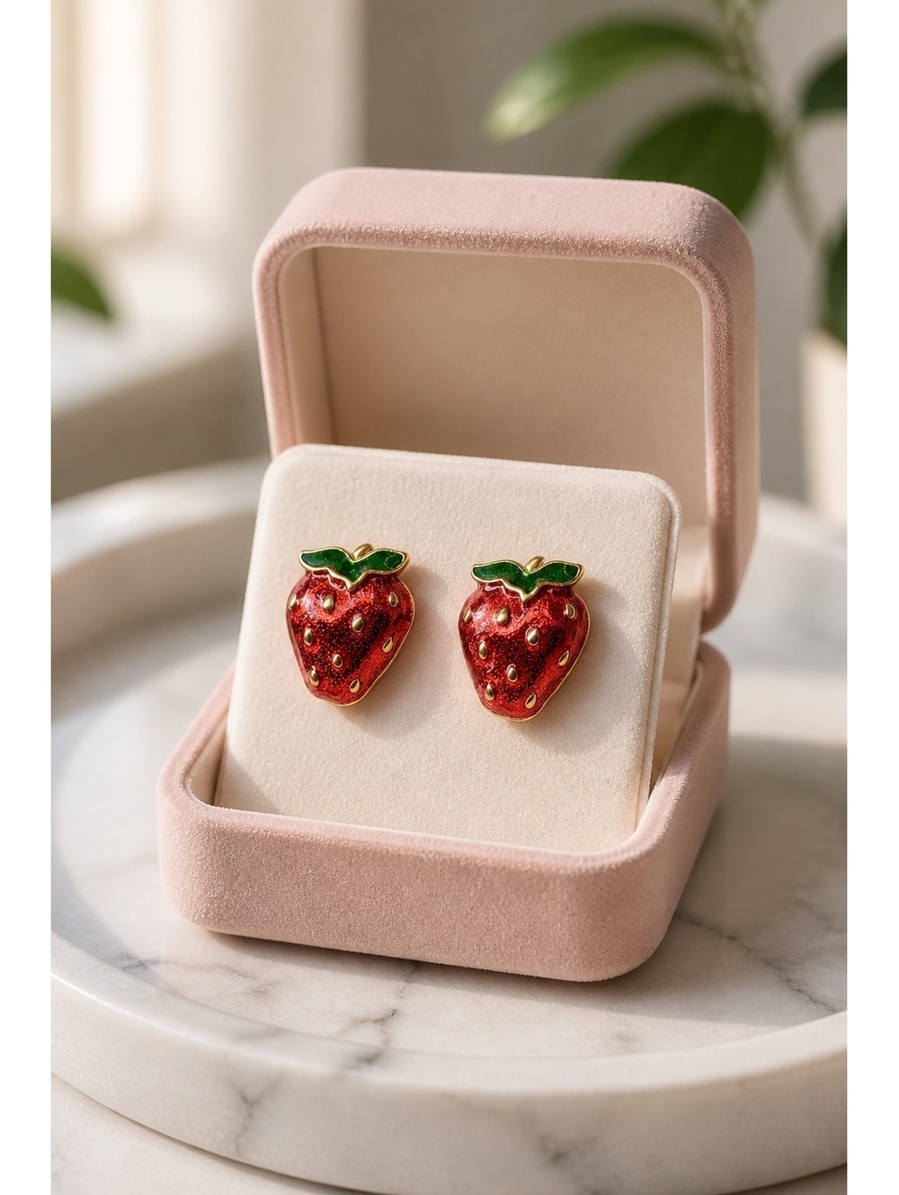 Strawberry Enamel Stud Earrings Red Green Gold Tone Fruit Summer Cute